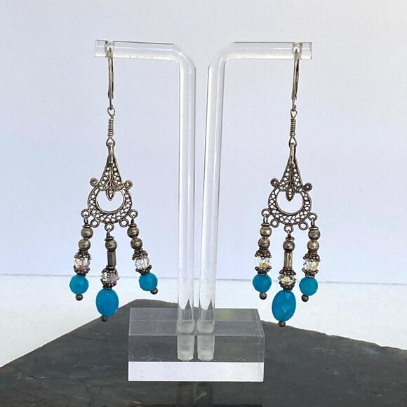 Sterling Silver 925 Blue Glass Beaded Filigree Fringe Chandelier Dangle Earrings - Picture 9 of 15